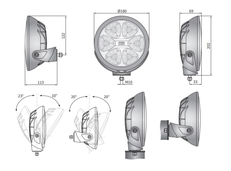 CE LED Long Range Headlight Ø180 25cd 12/24V - Black - FERVOR