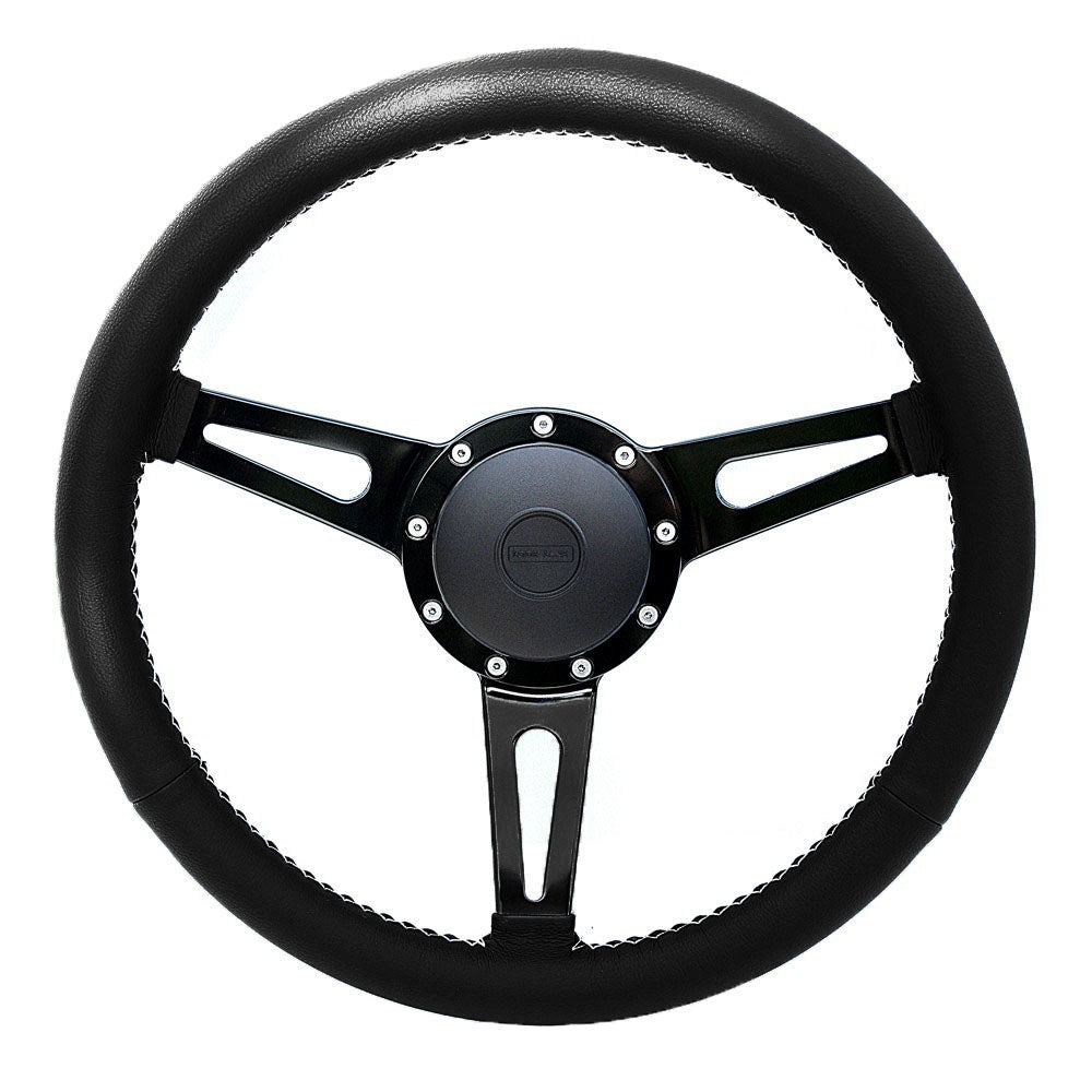 William black leather black spoked 15'' steering wheel - white stitch - with 48 spline silver boss