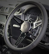 William black leather black spoked 15'' steering wheel - white stitch - with 36 spline silver boss