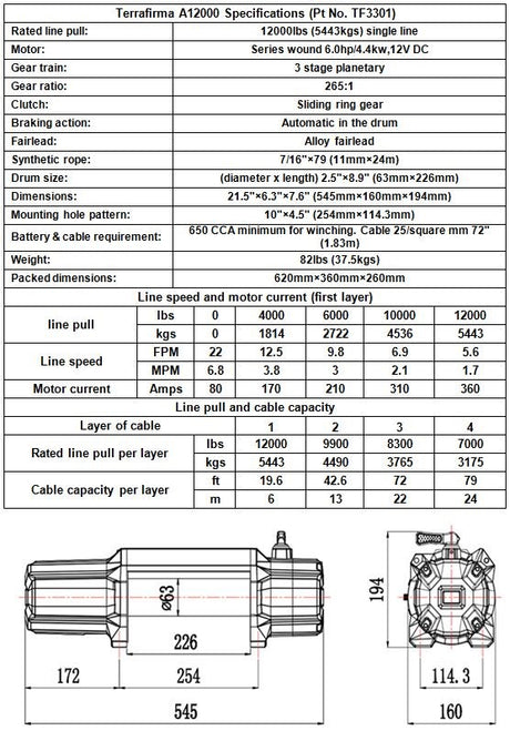 TERRAFIRMA A12000 WINCH synthetic rope wireless & cable remote control