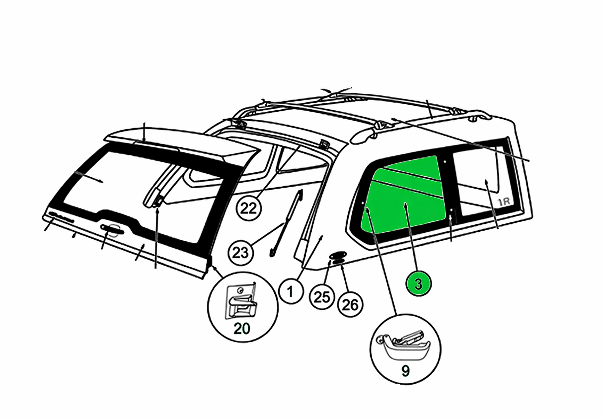 Side Glass - Right Rear - Folding - ALPHA
