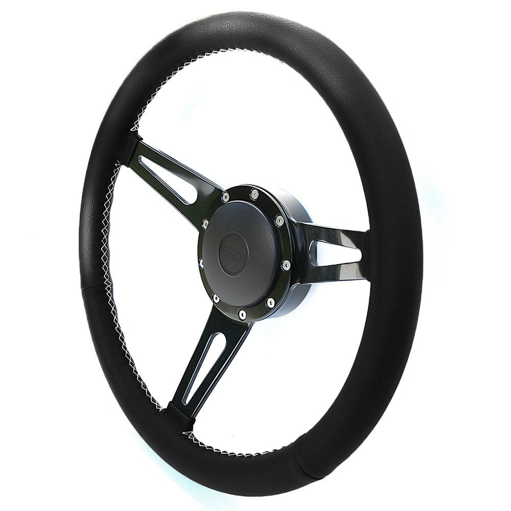 William black leather black spoked 15'' steering wheel - white stitch - with 36 spline silver boss