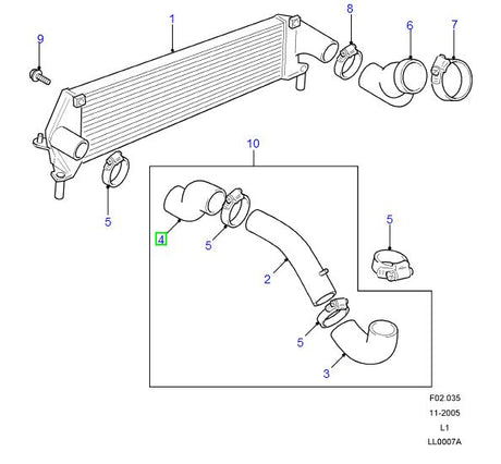 Hose - intercooler - td5 - rubber - intercooler to turbo - df0