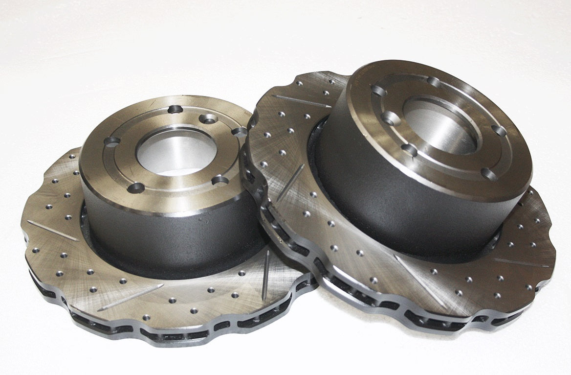 Wavy cross drilled and grooved brake discs (pair) - fits d2